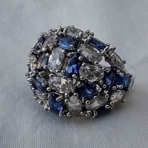 Vintage Nineties Blue & Clear CZ Studded Statement Sterling Silver Ring Size 7